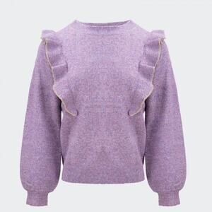 Molly Bracken Ruffle Sweater Crew Neck Balloon Sleeve Sparkle Pullover, Purple
